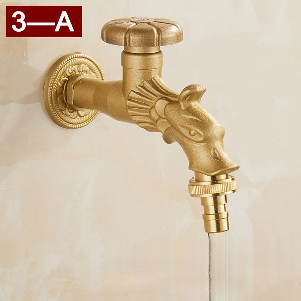 Vintage Dragon Wall-Mount Garden Faucet, Single Wheel Handle Outdoor Faucet, Antique Brass / Matte Black / Brushed Gold
