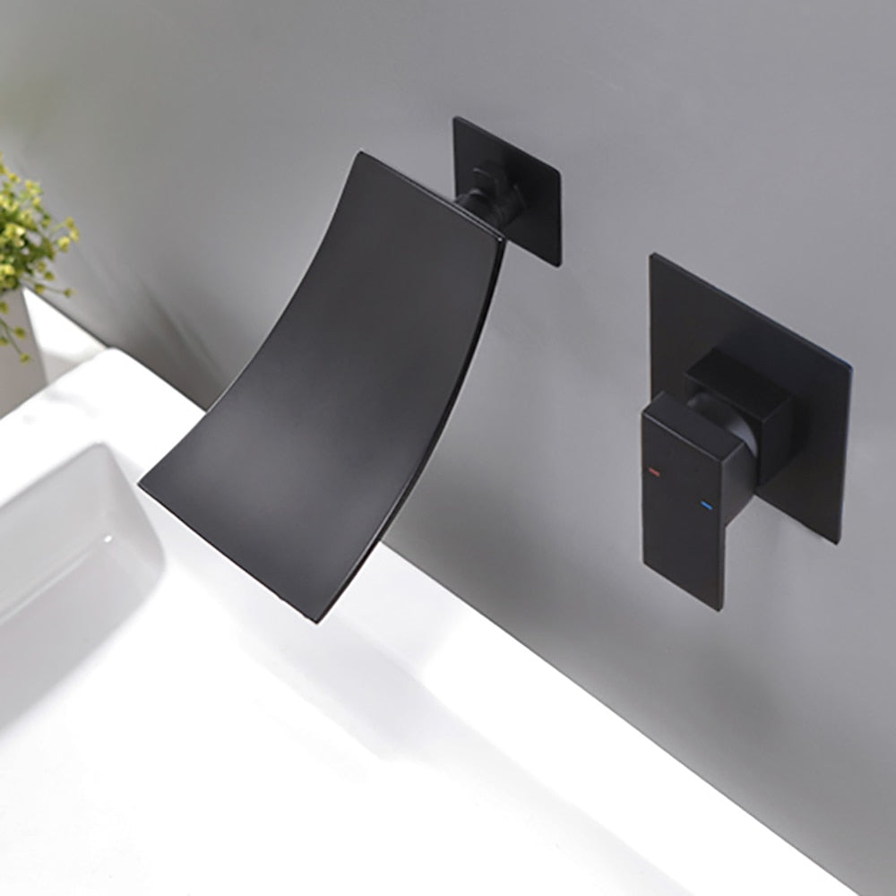 Matte Black Waterfall Wall-Mount Bathroom Faucet, Single-Handle Brass Basin Faucet with Rough-In Valve