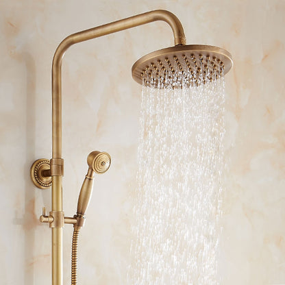 Antique Brass Wall-Mount Shower System, Rainfall Shower Faucet, Single-Handle Tub Filler with Handheld Shower