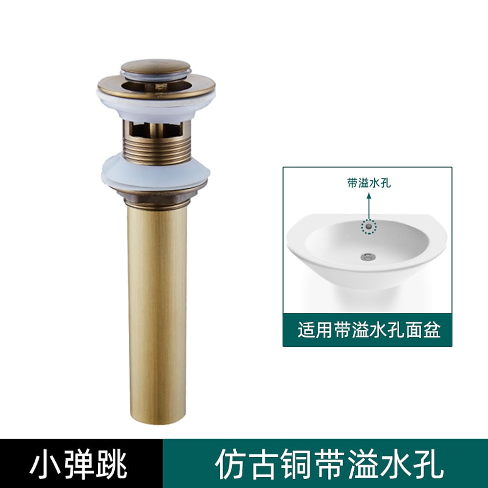 Antique Brass Engraved Bathroom Sink Pop-Up Drain, Solid Brass Vanity Basin Drain Assembly, With / Without Overflow