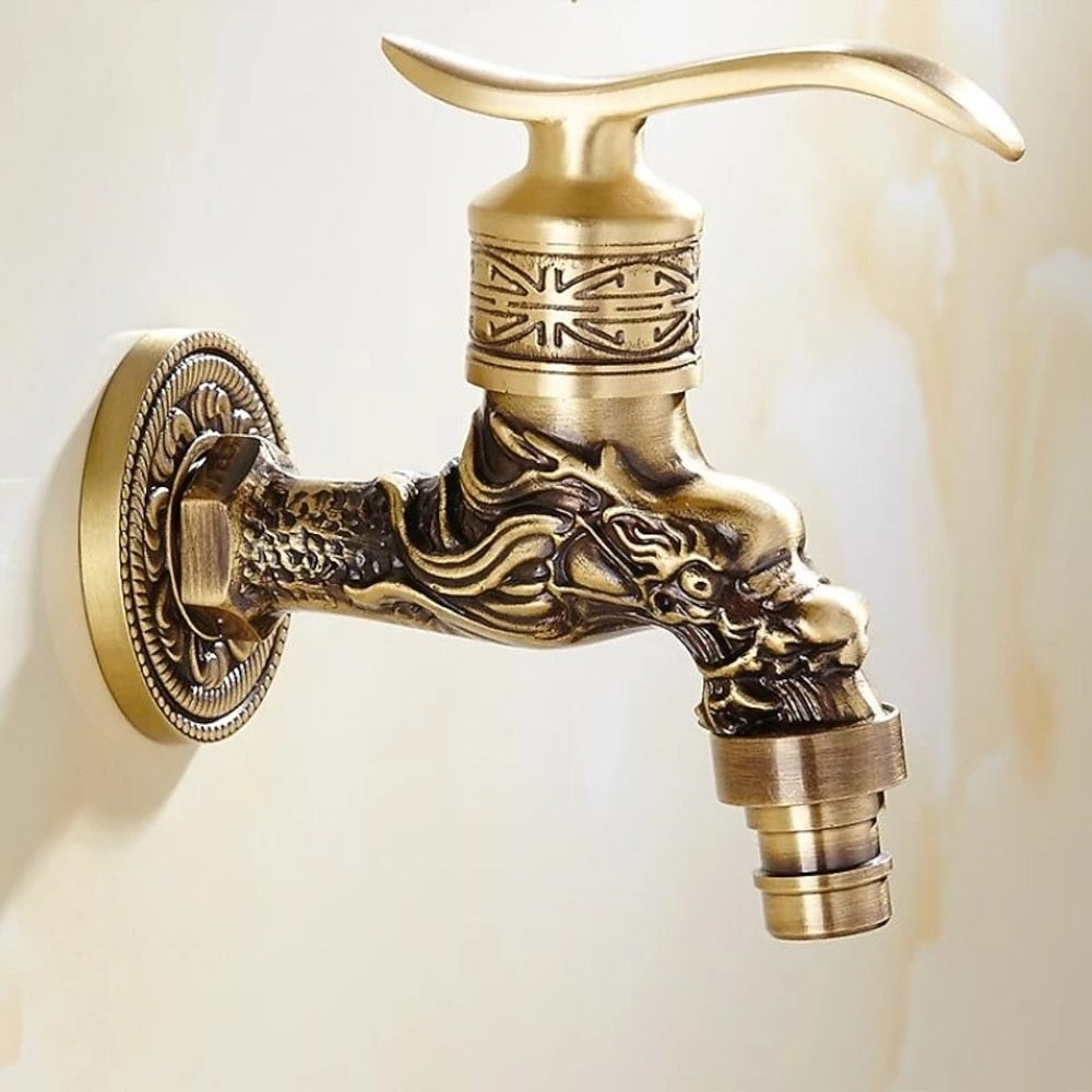 Antique Brass Wall-Mount Garden Faucet, Single-Handle Decorative Spigot Faucet