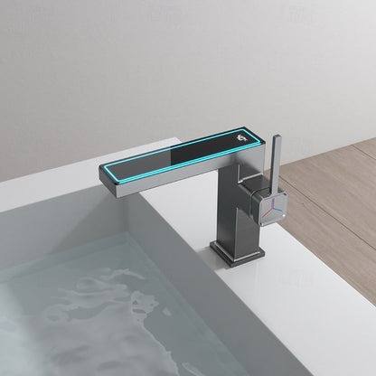 LED Temperature Display Waterfall Bathroom Faucet, Single-Hole Single-Handle Brass Faucet, Silver / Gold / Gray / White / Black / Multi