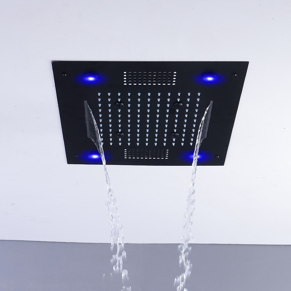 LED Waterfall Bluetooth Speaker Ceiling Shower Head, Rainfall Multi-Mode Showerhead, Matte Black / Chrome