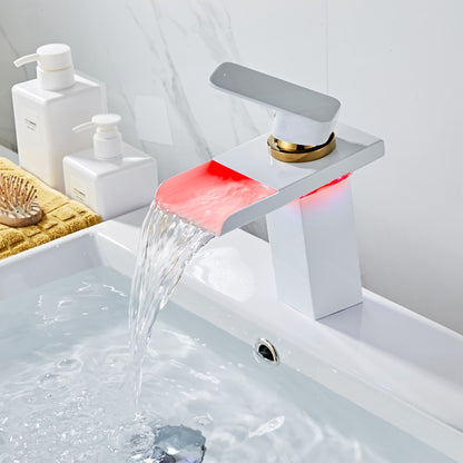 LED Waterfall Single-Hole Bathroom Faucet, Modern Single-Handle Brass Faucet, Chrome / Matte Black / Rose Gold / Polished Gold / Brushed Nickel / Brushed Gold / Matte White