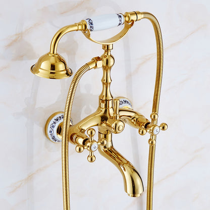 Polished Gold Wall-Mount Tub Filler Faucet, Telephone Dual-Handle Bathtub Faucet with Handheld Shower