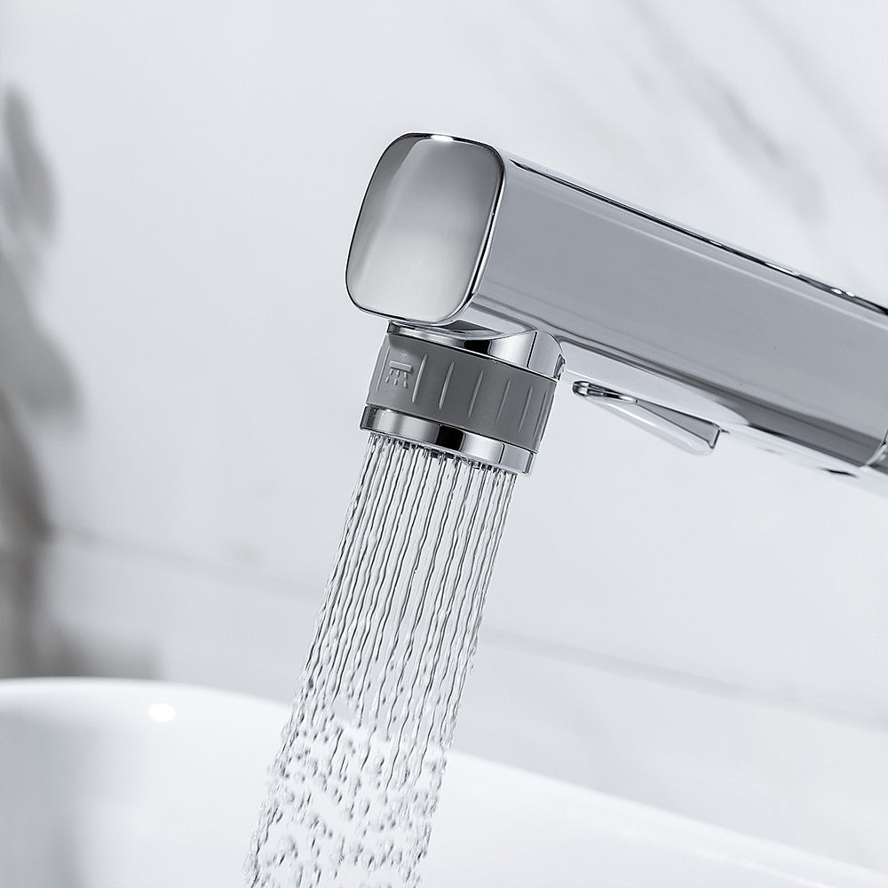 Pull-Out Single-Hole Brass Bathroom Faucet, Upward Fountain Spout Faucet, Chrome / Matte Black / Brushed Gold / Gunmetal