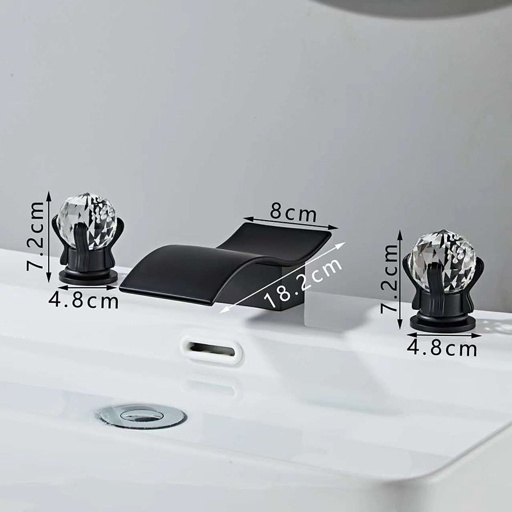 Waterfall Widespread Bathroom Sink Faucet, Double Crystal Knob Handle Deck Mounted Faucet, Matte Black / Chrome / Brushed Gold / Brushed Nickel / Gunmetal / PVD