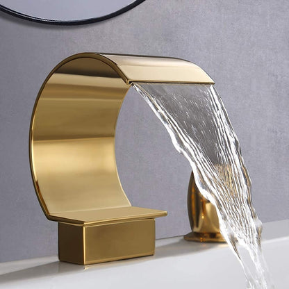Waterfall Bathroom Faucet, Modern 3-Hole Widespread Dual-Handle Faucet, Polished Gold / Matte Black