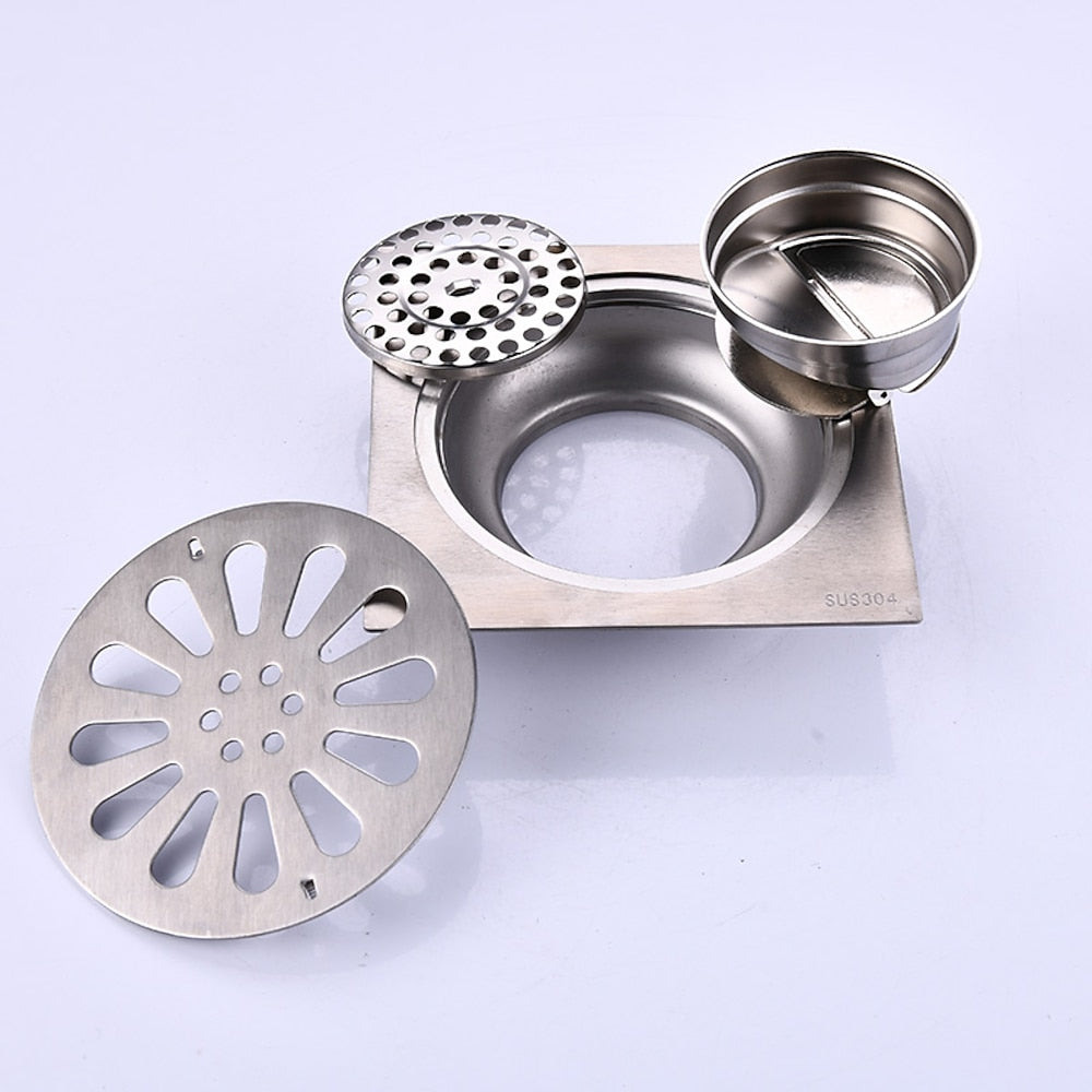Modern Square Stainless Steel Floor Drain, Removable Cover Shower Drain with Hair Strainer