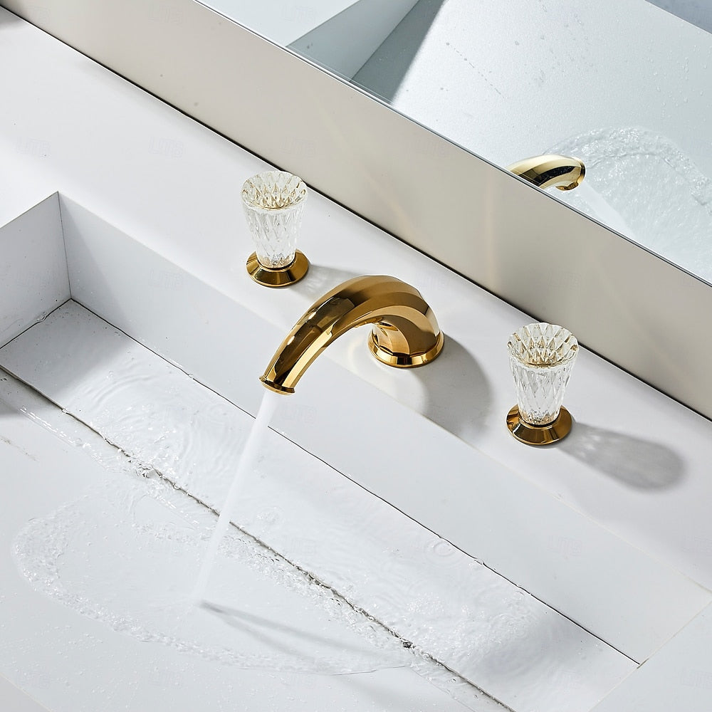 Polished Gold Modern Bathroom Faucet, Dual Crystal Knob Widespread Faucet