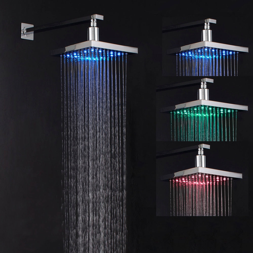 Chrome LED Rainfall Shower Head, Square Temperature-Controlled Top Spray Shower Head