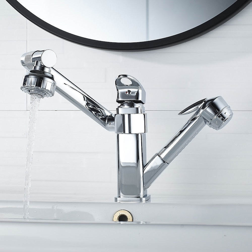 Chrome Single-Hole Bathroom Sink Faucet, Pull-Out Swivel Spout Faucet