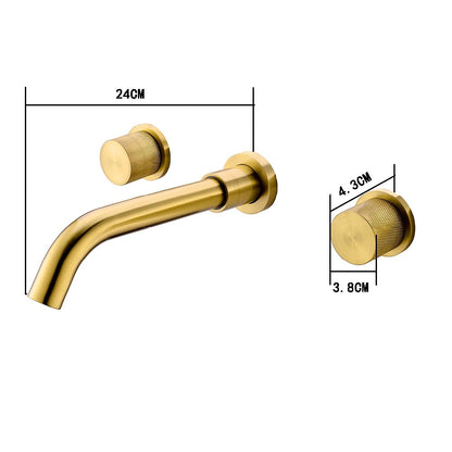 Brushed Gold Modern Wall-Mount Bathroom Sink Faucet, Dual-Handle Brass Faucet with Knurled Handles