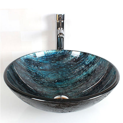 Round Blue Glass Basin Faucet Combo, Chrome Single-Handle Vessel Faucet with Pop-Up Drain