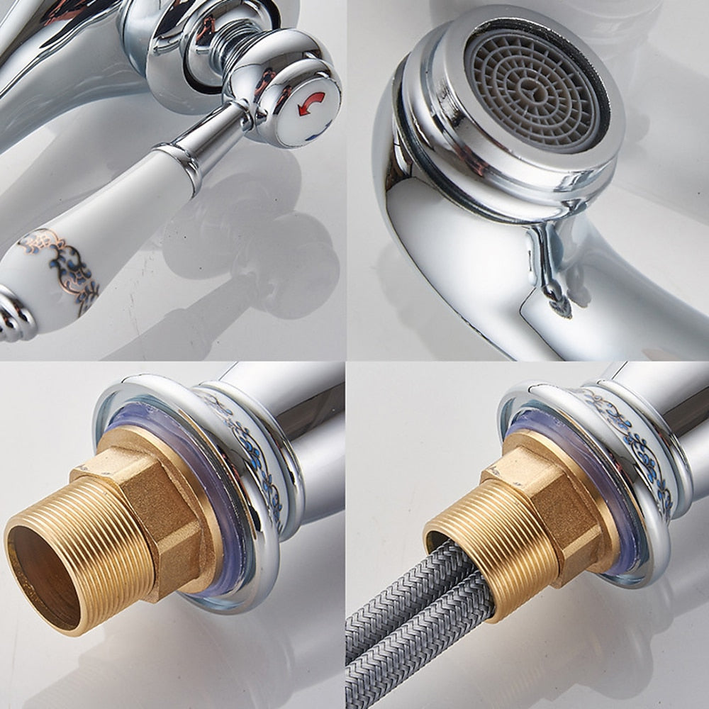 Vintage Single-Hole Bathroom Faucet, Single-Handle Brass Faucet with Ceramic Floral Base, Antique Brass / Chrome / Polished Gold / Matte Black
