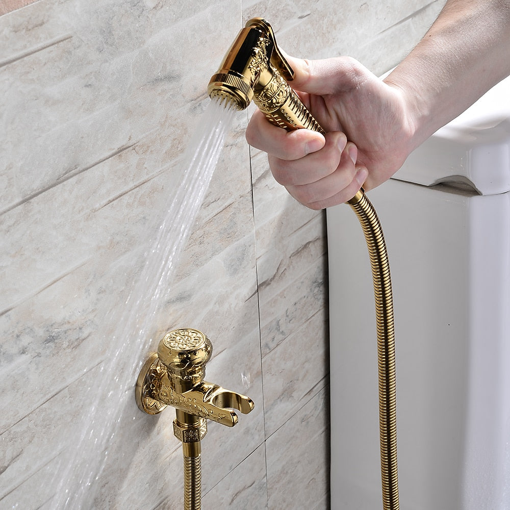 Polished Gold Antique Handheld Bidet Sprayer, Vintage Brass Toilet Shattaf Set with Hose / Wall Bracket