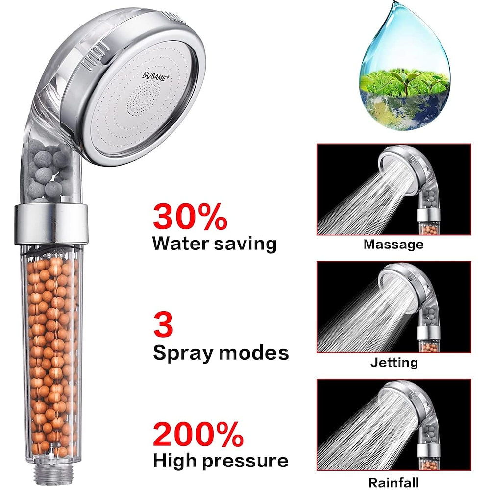Filtered High-Pressure Handheld Shower Head, 3-Mode Spray Showerhead, Silver / Multi