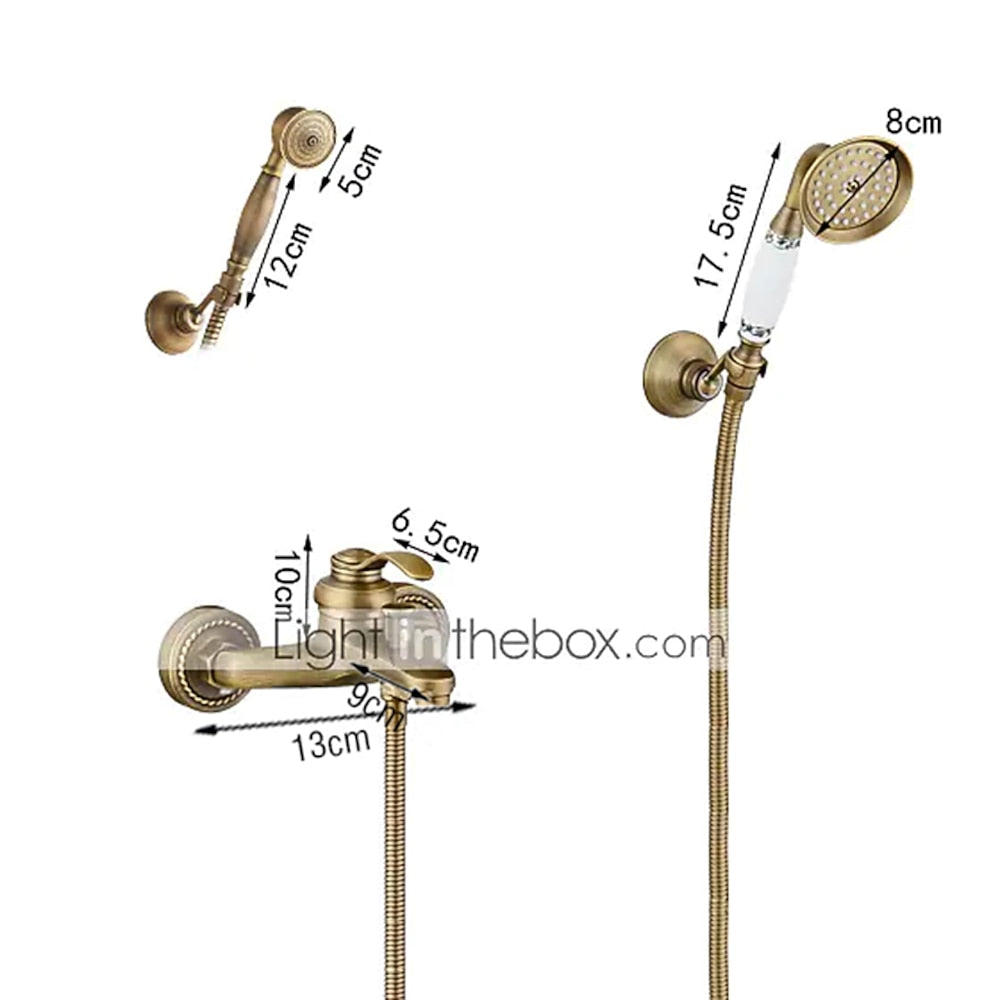 Antique Brass Vintage Wall-Mount Tub Filler Faucet, Single-Handle Brass Faucet with Handheld Shower