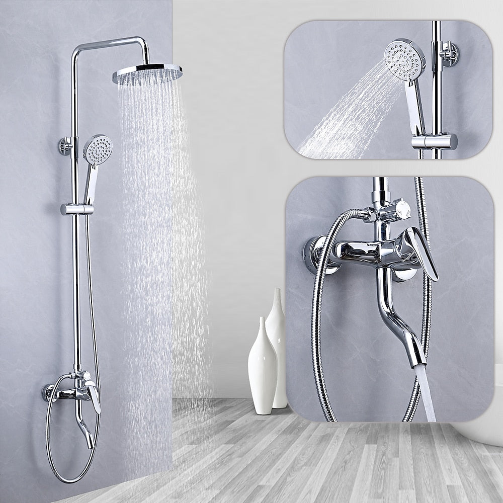 Chrome Modern Rainfall Tub Shower System, Single-Handle Wall-Mounted Shower System with Handheld Shower