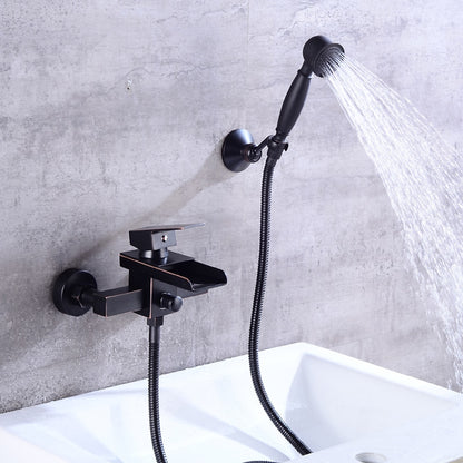 Waterfall Modern Wall-Mount Bathtub Faucet, Single-Handle Tub Filler Faucet with Handheld Shower, Oil-Rubbed Bronze / Chrome