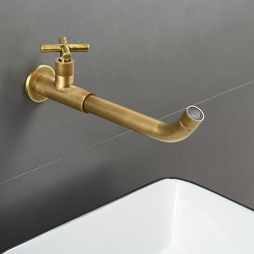 Wall-Mount Single-Handle Bathroom Faucet, Brass Sink Faucet with Swivel Spout / Cross Handle, Matte Black / Antique Brass / Chrome / Polished Gold / Gunmetal / Stainless Steel / Polished Brass