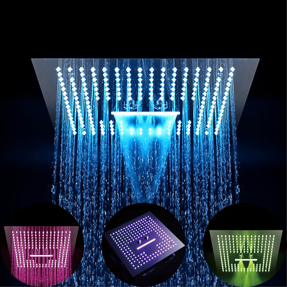 Lagomel waterfall rain shower head in chrome, set in a Contemporary/Modern bathroom
