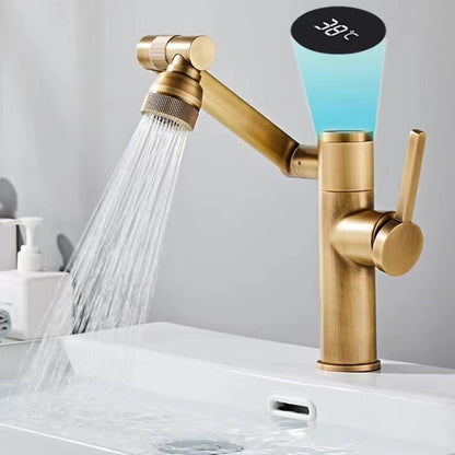 LED Temperature Display Bathroom Sink Faucet, Single-Handle Foldable Swivel Spout Faucet, Antique Brass / Gunmetal