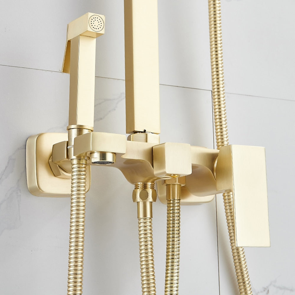 Brushed Gold Wall-Mounted Rainfall Shower System, Handheld Shower / Tub Spout Faucet