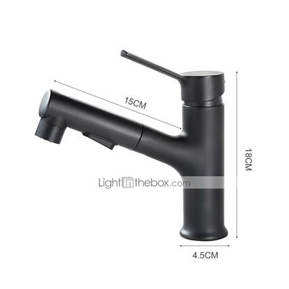 Pull-Out Single-Hole Bathroom Faucet, Single-Handle Basin Tap, Matte Black / Chrome