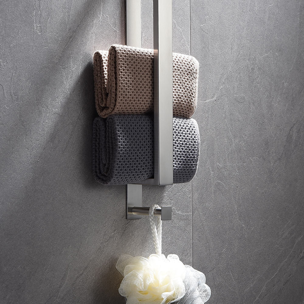 Modern Wall-Mounted Stainless Steel Towel Bar, Self-Adhesive Towel Rack with Integrated Hook, Matte Black / Chrome / Brushed Nickel / Brushed Gold