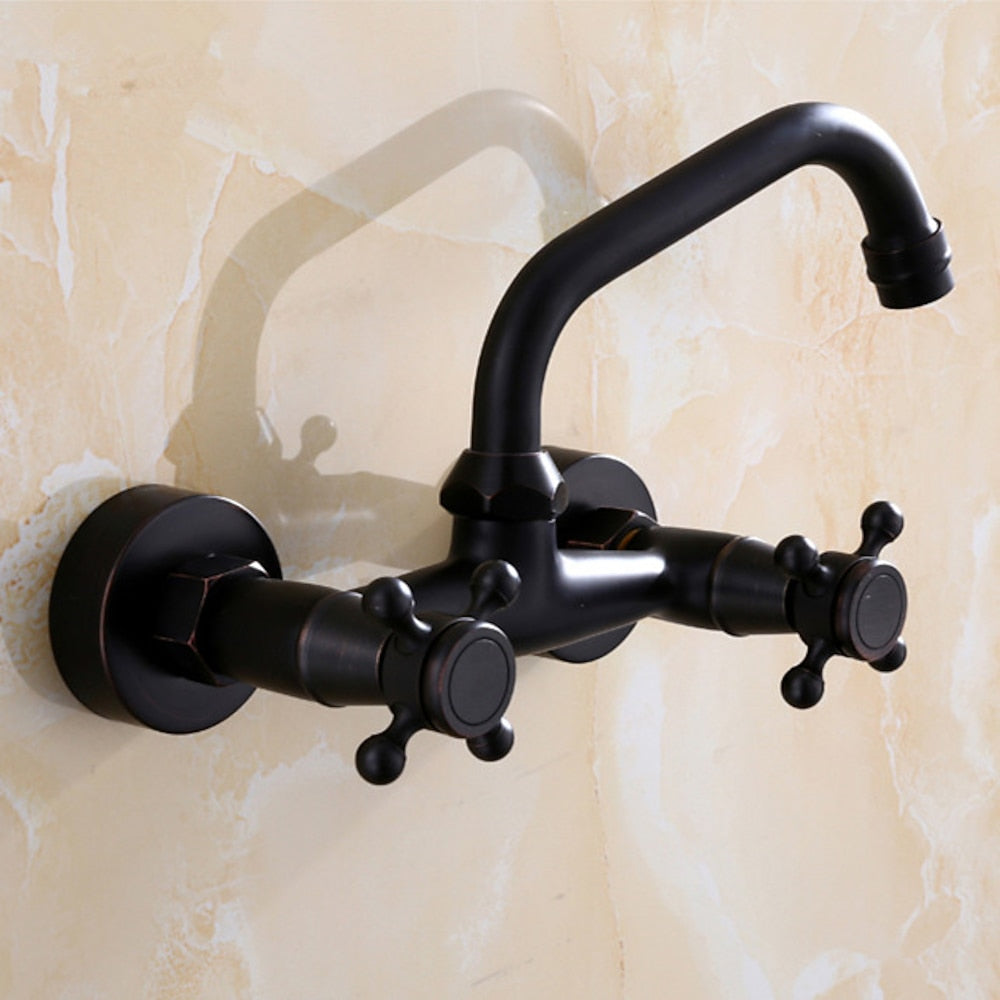 Wall-Mount Vintage Oil-Rubbed Bronze Brass Bathroom Sink Faucet, Double-Handle Swivel High Arc Spout Faucet