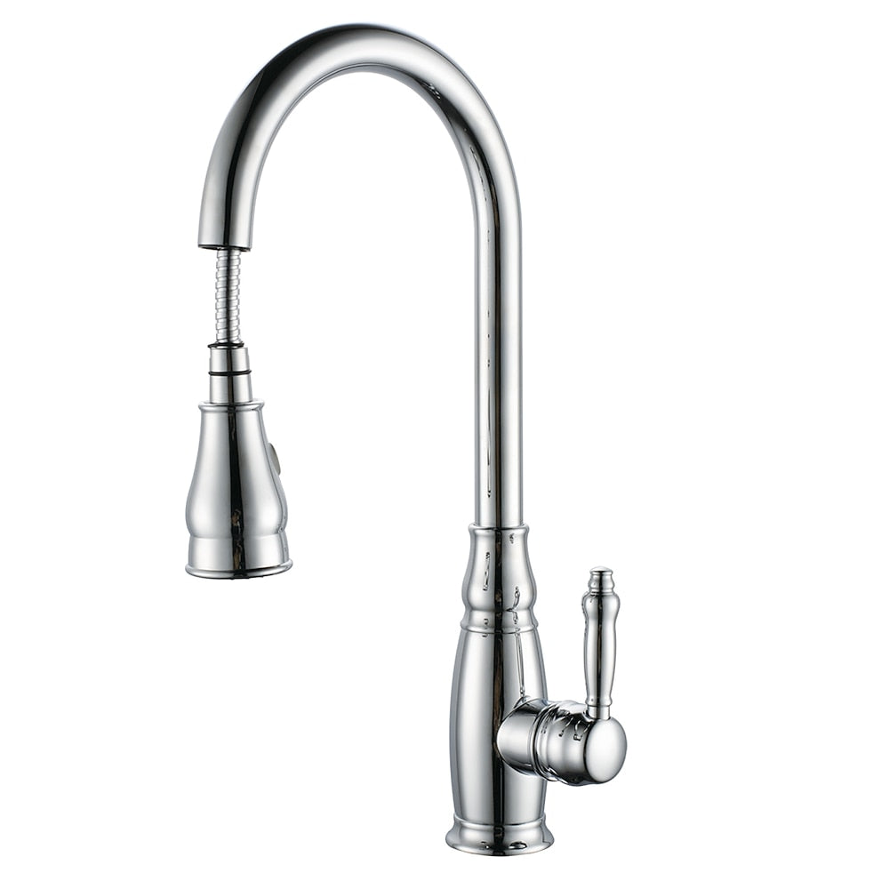 Traditional High-Arc Pull-Down Kitchen Faucet, Single-Handle Single-Hole Brass Faucet, Oil-Rubbed Bronze / Chrome / Brushed Nickel / Polished Gold