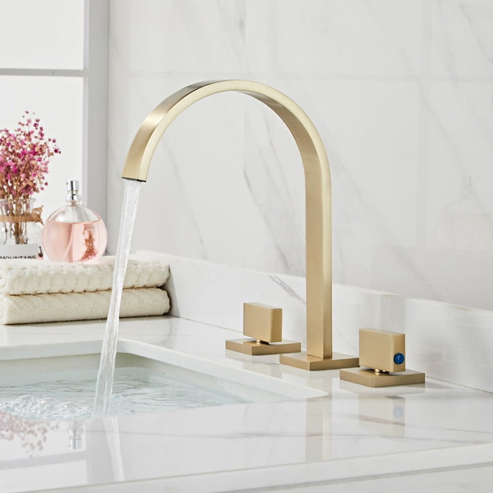 High-Arc Widespread Bathroom Faucet, 3-Hole Dual-Handle Faucet, Brushed Gold / Chrome / Matte Black / Brushed Nickel / Gunmetal / Polished Gold