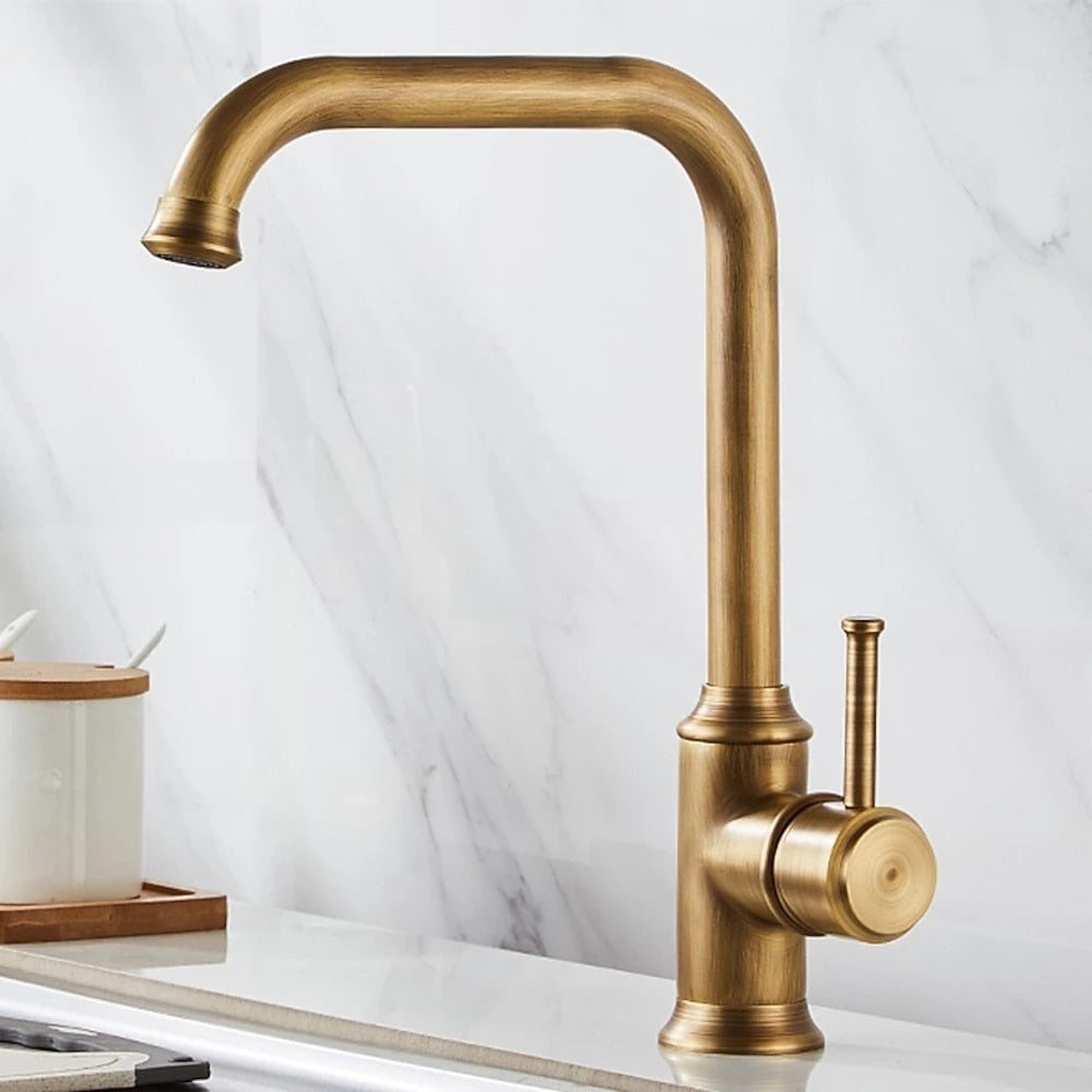 Antique Brass Retro Vintage Kitchen Faucet, Single-Hole Single-Handle Swivel Spout Faucet
