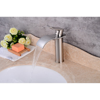 Waterfall Brushed Nickel Bathroom Faucet, Single-Hole Single-Handle Brass Faucet