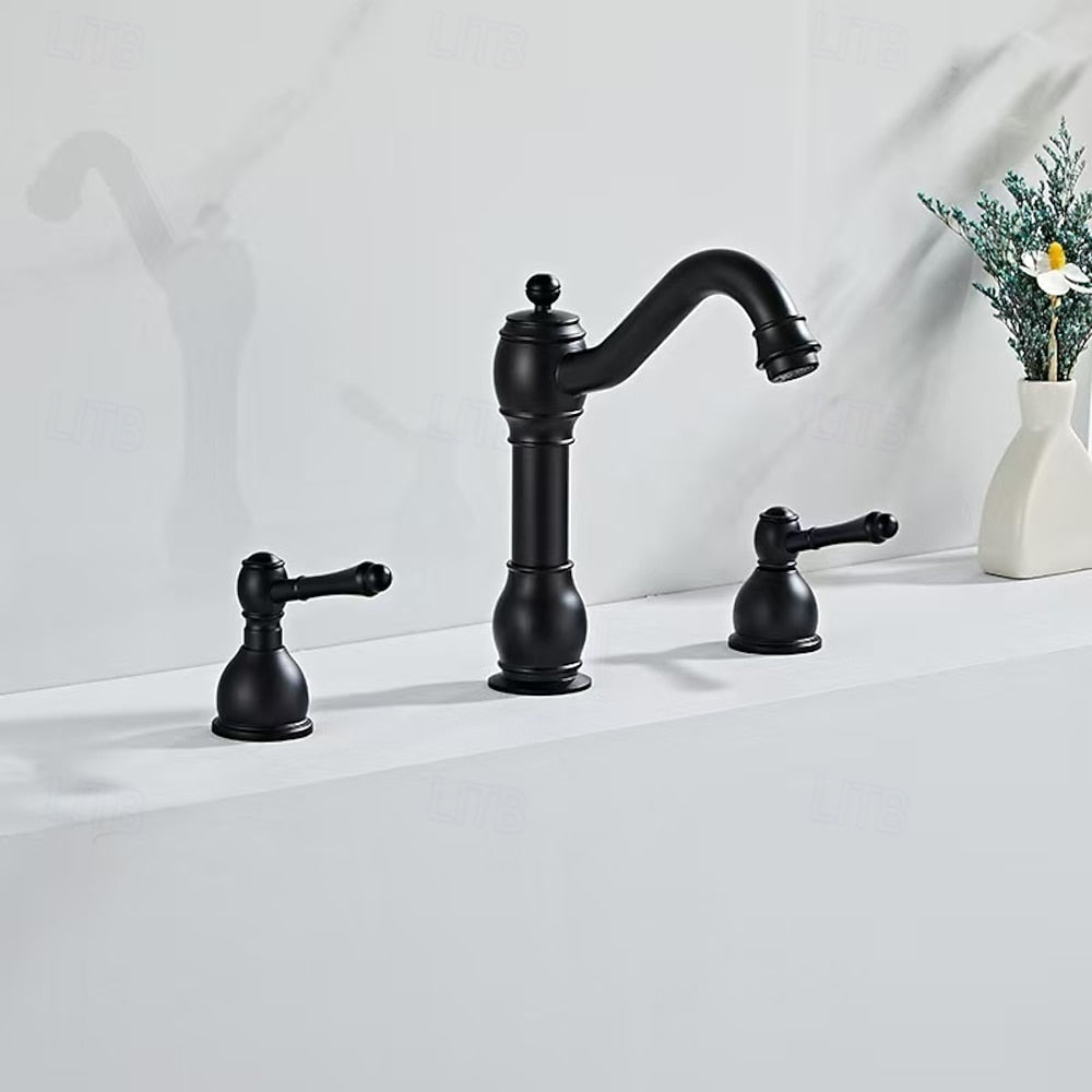 Vintage 8-Inch Widespread Bathroom Faucet, Two-Handle Brass Basin Faucet with Pop-Up Drain, Antique Brass / Matte Black