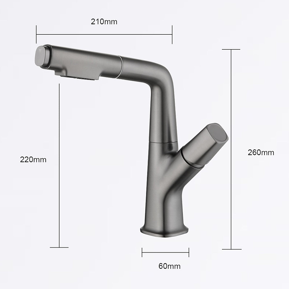 Modern Height-Adjustable Pull-Out Bathroom Faucet, Single-Hole Single-Handle Brass Faucet, Chrome / Matte Black / Matte White / Gunmetal