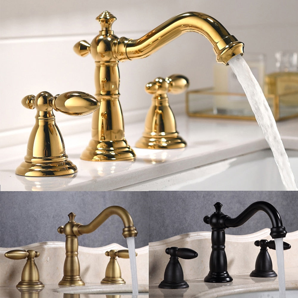 Vintage Widespread Bathroom Faucet, Double Handle Swivel Spout Faucet, Brushed Gold / Antique Brass / Matte Black / Chrome