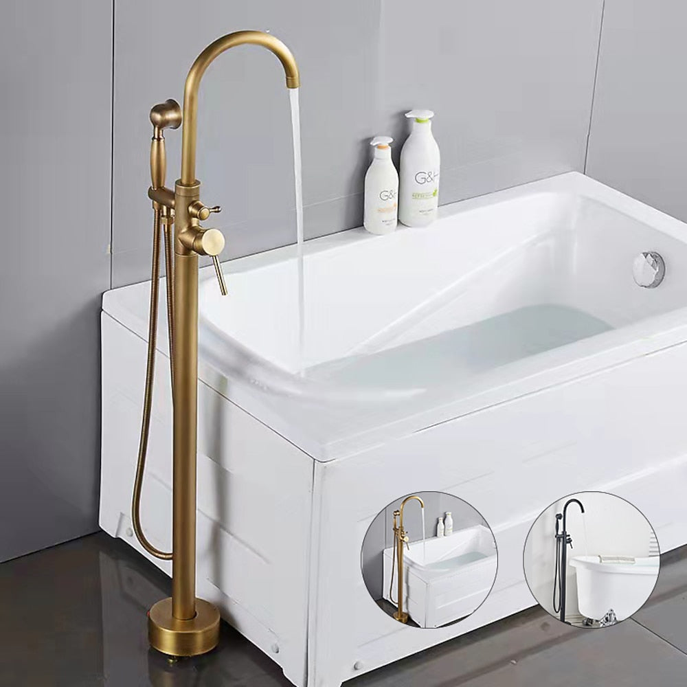 Floor-Mount Freestanding Tub Filler Faucet, Single-Handle High Arc Swivel Spout Faucet with Handheld Shower, Antique Brass / Matte Black