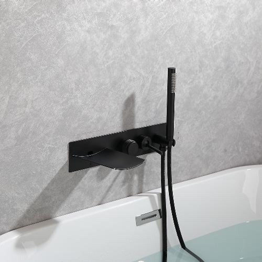 Waterfall Wall-Mount Tub Filler Faucet, Brass Bathtub Faucet with Handheld Shower, Brushed Gold / Matte Black