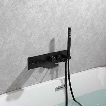 Waterfall Wall-Mount Tub Filler Faucet, Brass Bathtub Faucet with Handheld Shower, Brushed Gold / Matte Black
