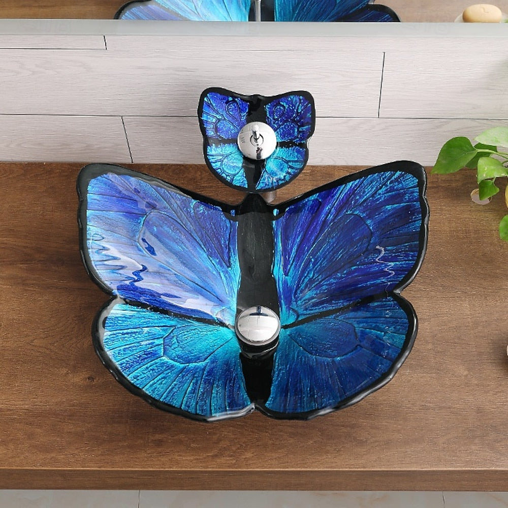 Butterfly Shape Tempered Glass Vessel Sink, Single-Handle Waterfall Faucet Combo with Pop-Up Drain, Multi