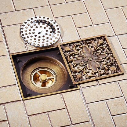 Traditional Antique Brass Square Shower Floor Drain, Removable Floral Cover Floor Drain