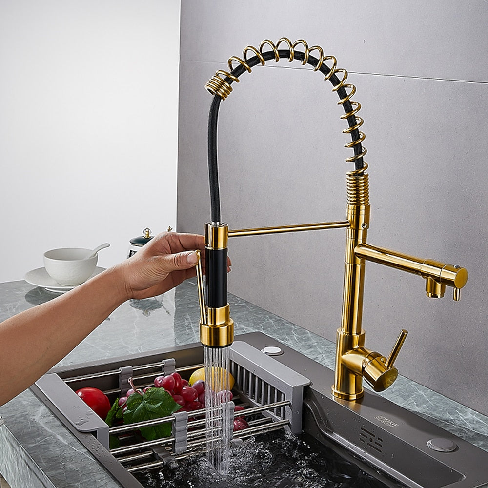 Two-Tone Black Gold Modern Pre-Rinse Kitchen Faucet, Single-Hole Brass Pull-Down Faucet