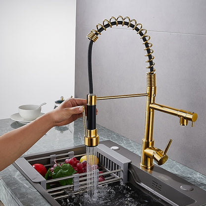 Two-Tone Black Gold Modern Pre-Rinse Kitchen Faucet, Single-Hole Brass Pull-Down Faucet