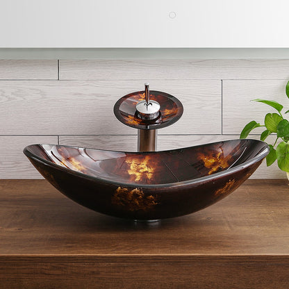 Waterfall Faucet, Brown Oval Glass Vessel Sink with Pop-Up Drain