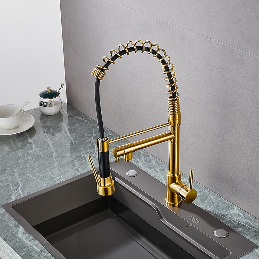 Two-Tone Black Gold Modern Pre-Rinse Kitchen Faucet, Single-Hole Brass Pull-Down Faucet