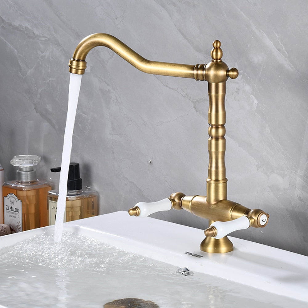 Antique Single-Hole Bathroom Faucet, Dual Ceramic Handle Swivel Spout Faucet, Antique Brass / Brushed Nickel / Chrome / Matte Black / Polished Gold