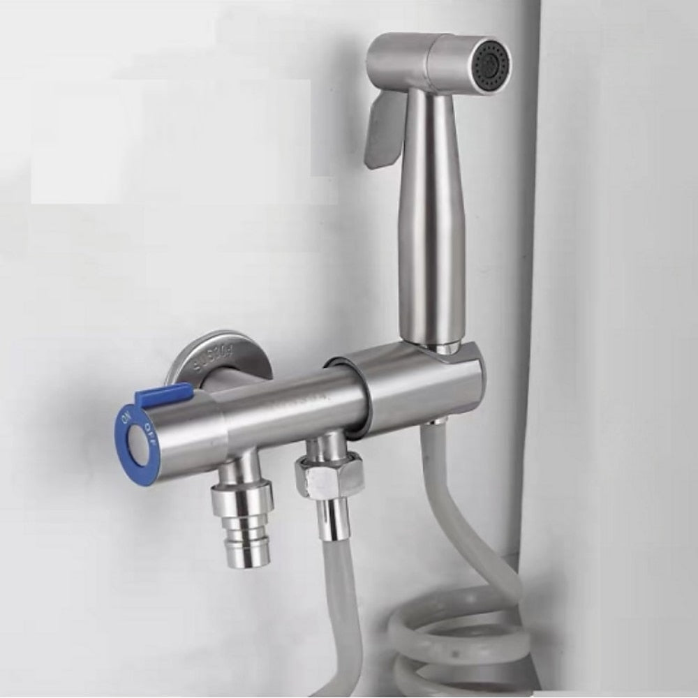Wall-Mount Stainless Steel Handheld Toilet Bidet Sprayer Kit with Hose, Dual-Control T-Valve Sprayer, Matte Black / Stainless Steel