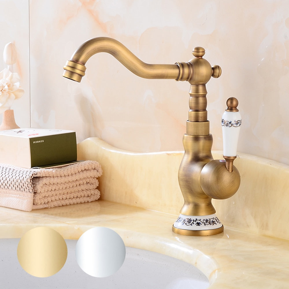 Traditional Swivel Spout Bathroom Faucet, Single-Hole Single-Handle Ceramic Lever Faucet, Antique Brass / Chrome / Polished Gold
